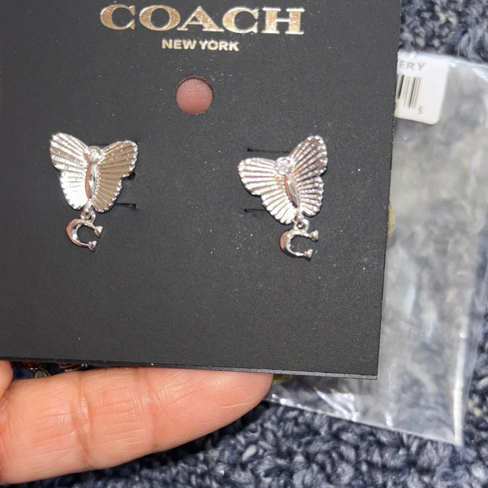COACH Silver-Tone Butterfly C Charm Stud Earrings - Picture 4 of 4